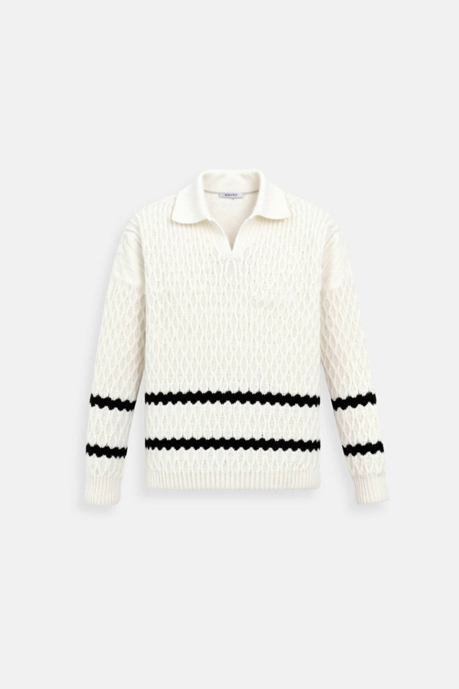 Cable Knit Sweater Women V-Neck Striped Diamond Texture Cotton