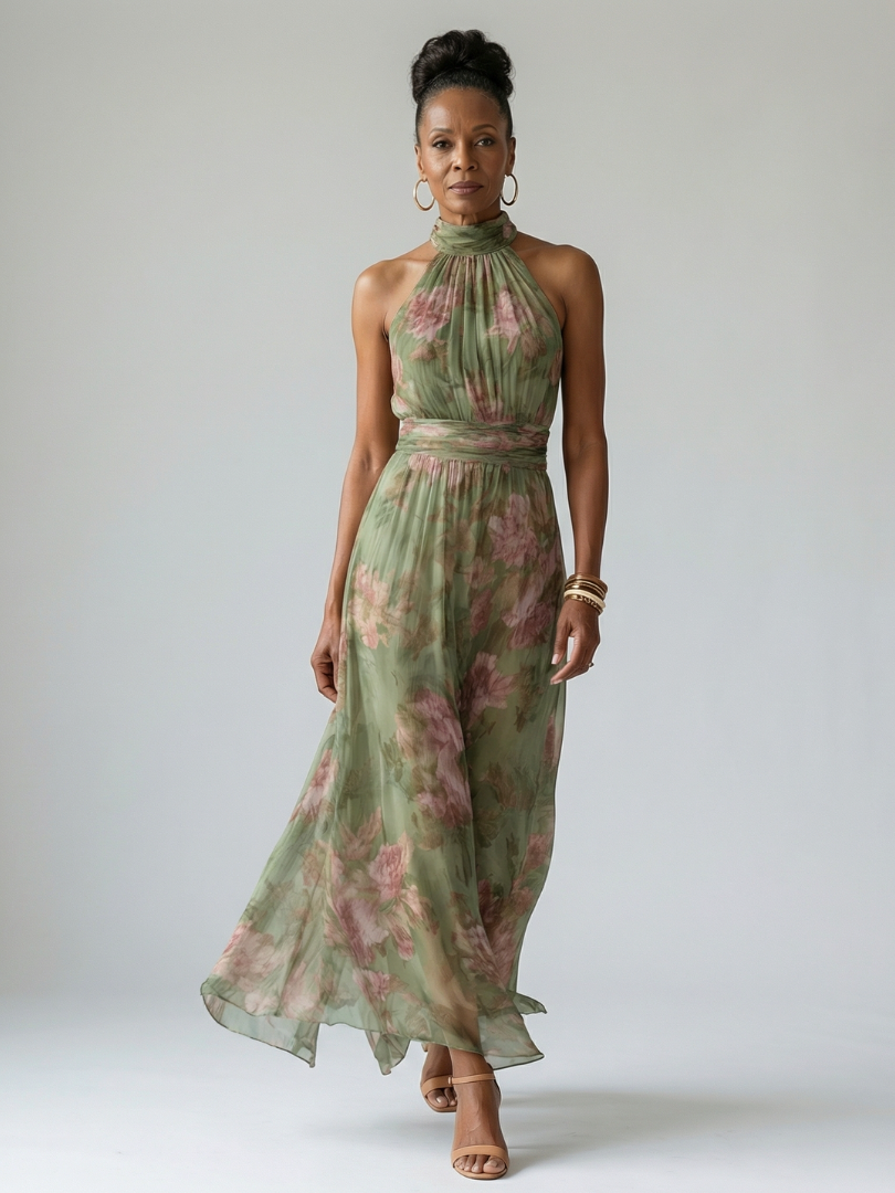 FJØRNA women's floral summer maxi dress with halter neck, flowing lightweight fabric, perfect for warm weather occasions.
