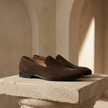 Brown suede FJØRNA men's low-top casual shoes with a sleek loafer design and comfortable slip-on style.