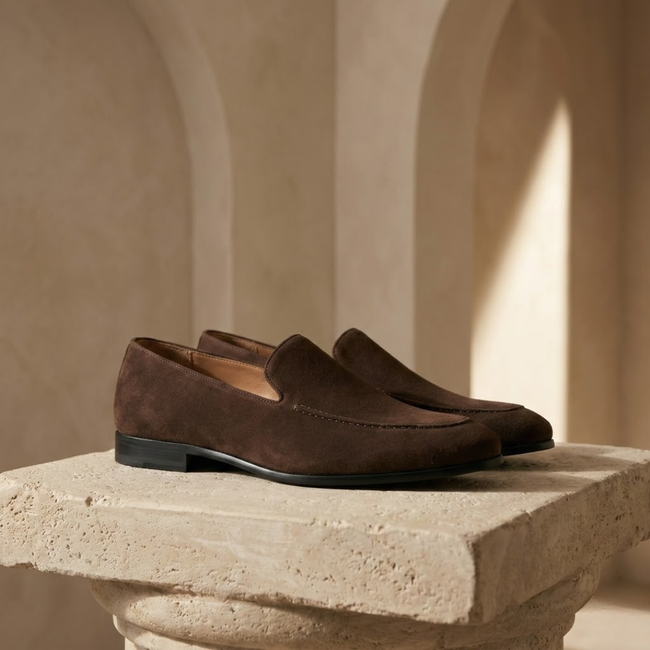 Brown suede FJØRNA men's low-top casual shoes with a sleek loafer design and comfortable slip-on style.