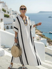 FJØRNA women's summer maxi dress with blue and white stripes, short sleeves, flowy lightweight fabric, perfect for warm weather.