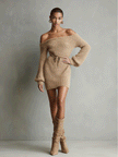 Camel knit off-shoulder mini dress by FJØRNA, stylish evening dress with a cozy knit texture and flattering fit.