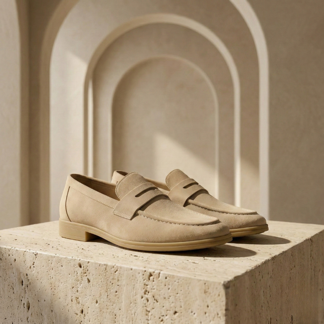 FJØRNA men's suede slip-on loafers showing a close-up of tan suede shoes with a sleek design and comfortable fit.