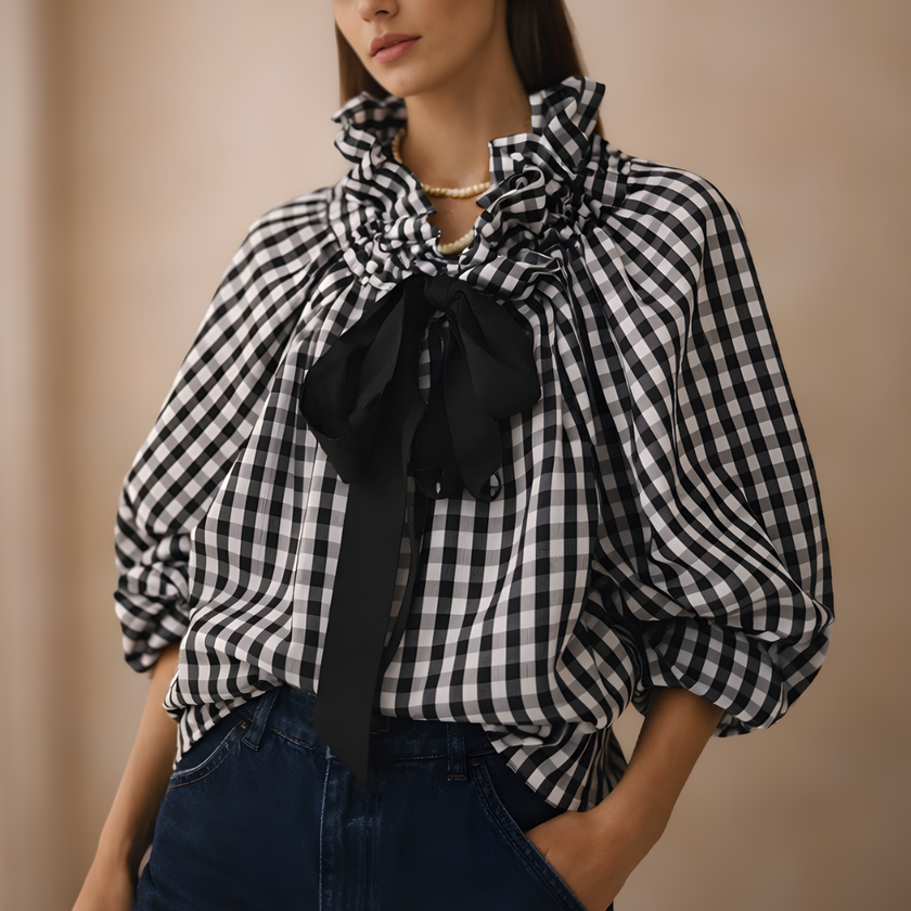 FJØRNA women's gingham ruffle oversized blouse with long sleeves, stylish and flowy top perfect for casual or semi-formal wear.