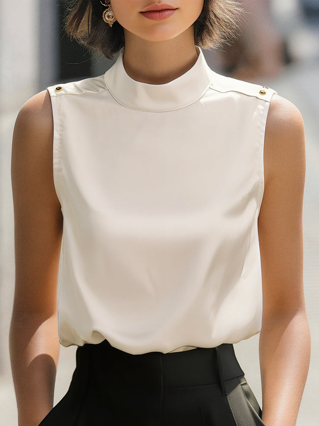 FJØRNA ivory high-neck sleeveless satin blouse for women, elegant white women's top with a smooth satin finish.