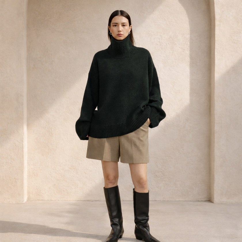FJØRNA women's wool turtleneck sweater, cozy and warm, featuring a classic knit design and a high neckline, in a neutral color.