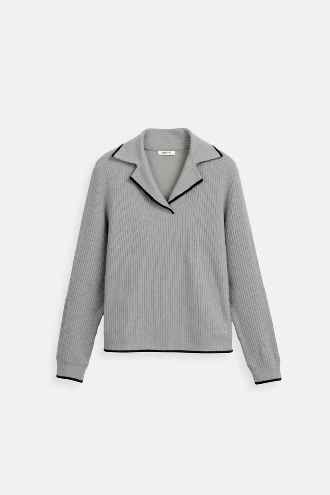 Contrast Trim Sweater Women Lapel Collar Cotton Blend Grey