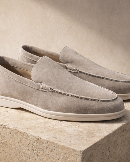 FJØRNA navy suede slip-on loafers for men, smart casual shoes with sleek design and comfortable fit.