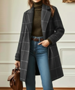 Wool Blend Check Coat Women Lapel Collar Tweed Winter