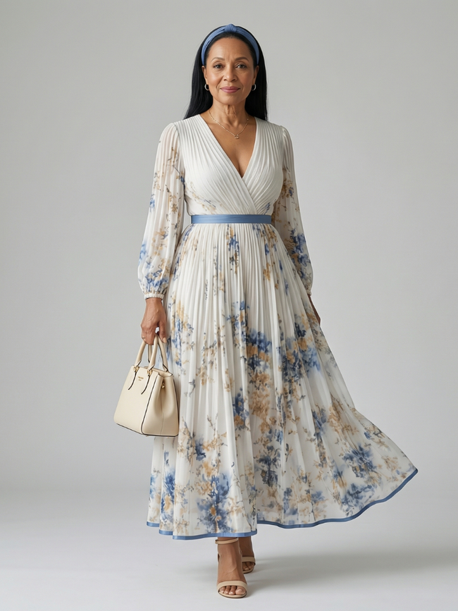 FJØRNA women's floral summer midi dress with long sleeves, lightweight and flowy, perfect for warm weather and casual occasions.