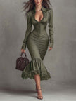 Dusty mauve lace ruched midi dress by FJØRNA, featuring elegant lace detailing and a fitted, ruched design perfect for evening wear.