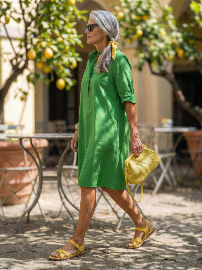 FJØRNA women's summer wrap dress, lightweight flowy fabric, breathable and stylish for warm weather, shown hanging on a clothing rack.