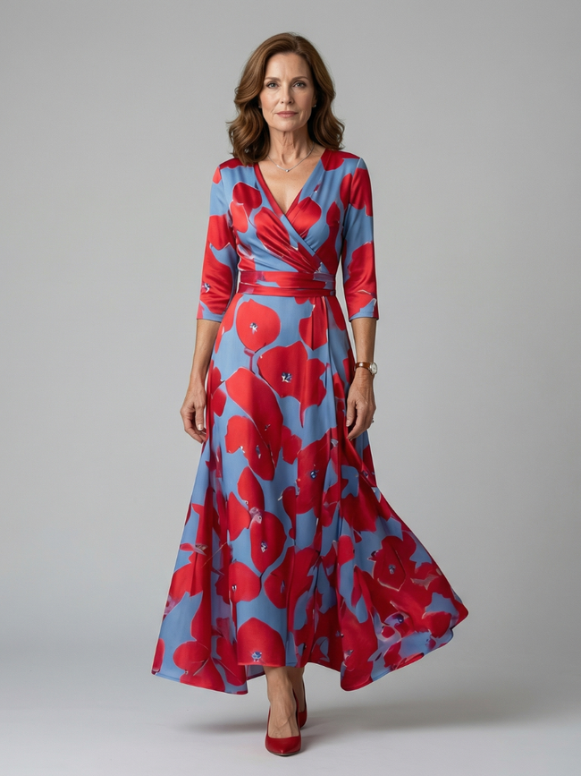 FJØRNA floral summer maxi dress for women with long sleeves, wrap design, flowy fabric, perfect for warm weather.