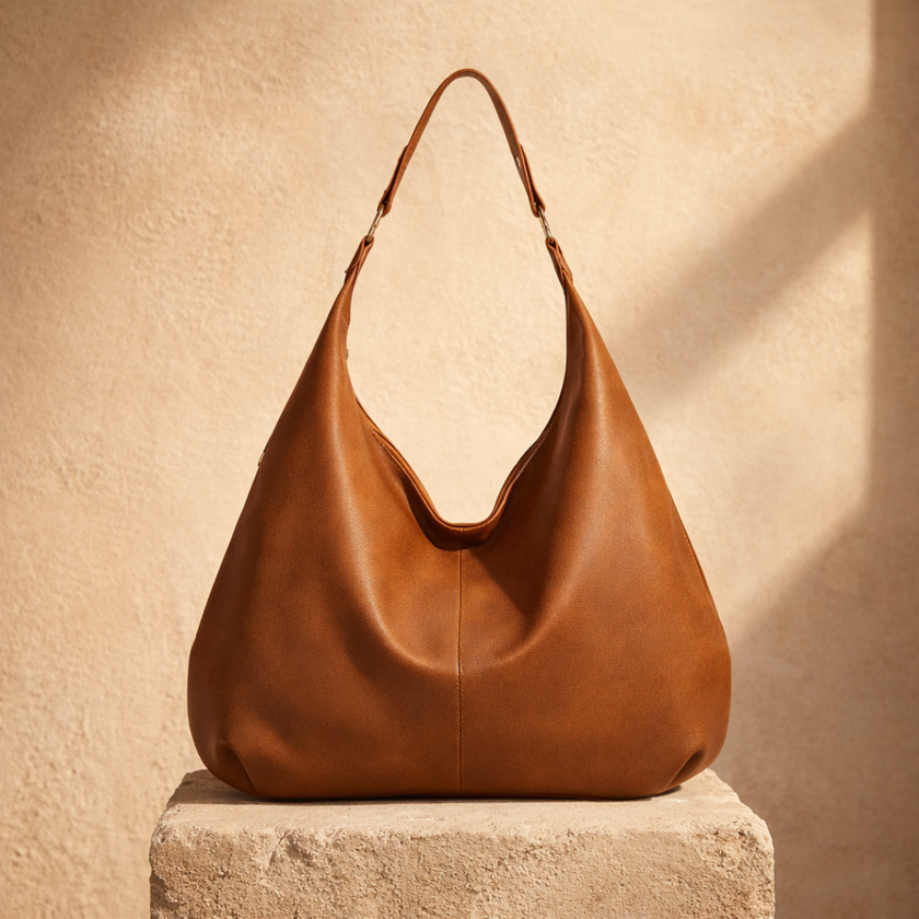 Large FJØRNA leather hobo bag for women, stylish and spacious handbag with a soft leather finish and casual design.