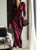 FJØRNA Burgundy satin wrap midi dress, elegant summer business dress with a stylish, flowing design and satin fabric.