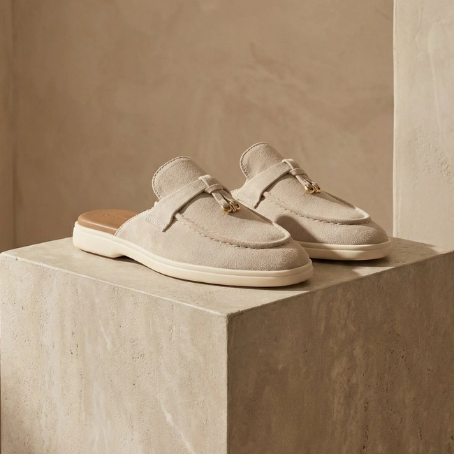 FJØRNA women's red sheepskin suede slip-on flat sandals with brown leather straps and open toe design.