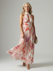 FJØRNA women's summer maxi dress with floral pattern, halter neck, sleeveless design, lightweight and breathable fabric.
