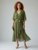 FJØRNA women's summer midi dress with V-neck, flowy fabric, sleeveless design, ideal for warm weather and casual occasions.