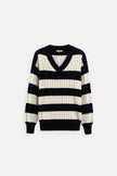 Cable Knit Sweater Women V-Neck Color Block Drop Shoulder Cotton