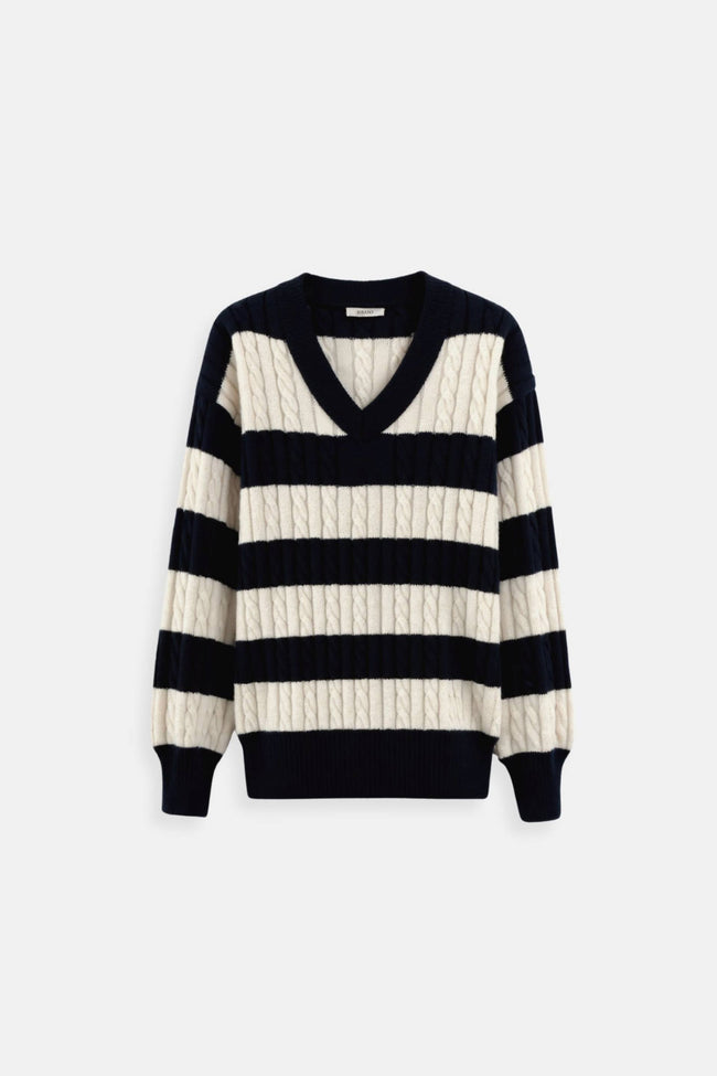 Cable Knit Sweater Women V-Neck Color Block Drop Shoulder Cotton