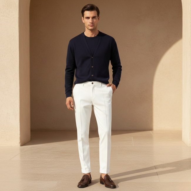 Men's FJØRNA slim fit ankle-length chinos, tailored pants in a classic style, shown in a neutral color with a clean fit.