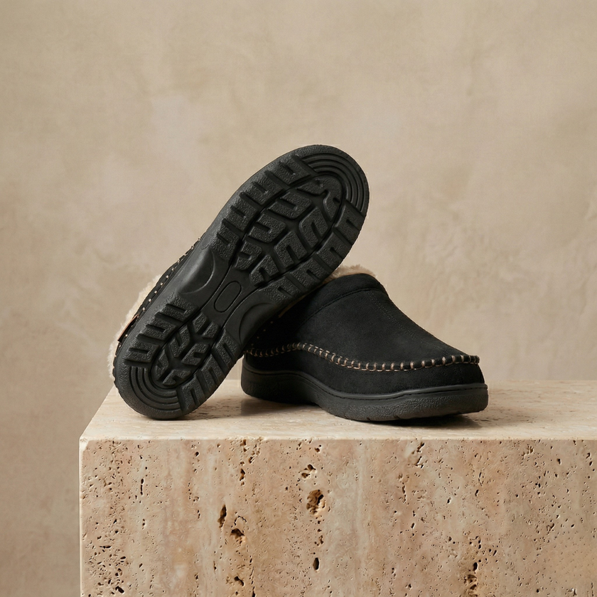 Men's soft slip-on slippers by FJØRNA, cozy house shoes with plush interior and comfortable sole, ideal for indoor wear.