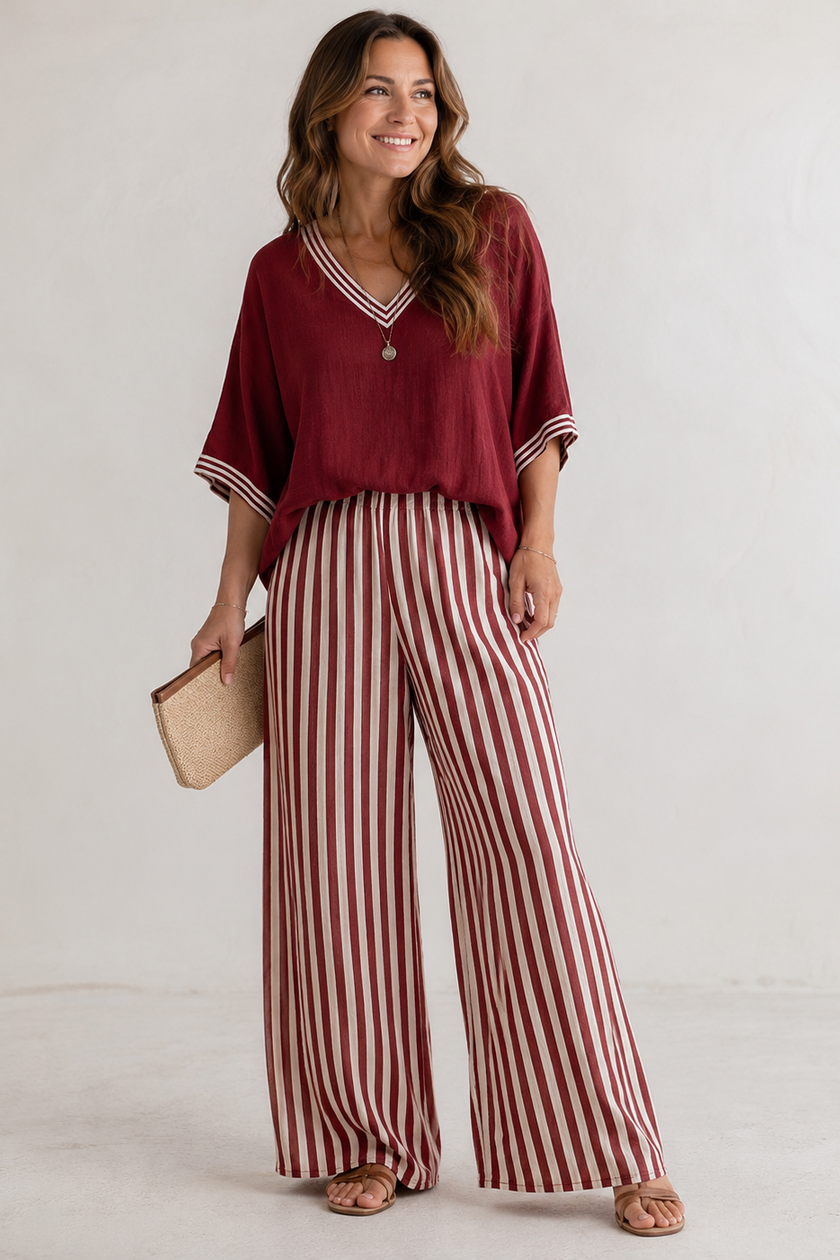 Two-Piece Set Women V-Neck Three-Quarter Sleeve Striped
