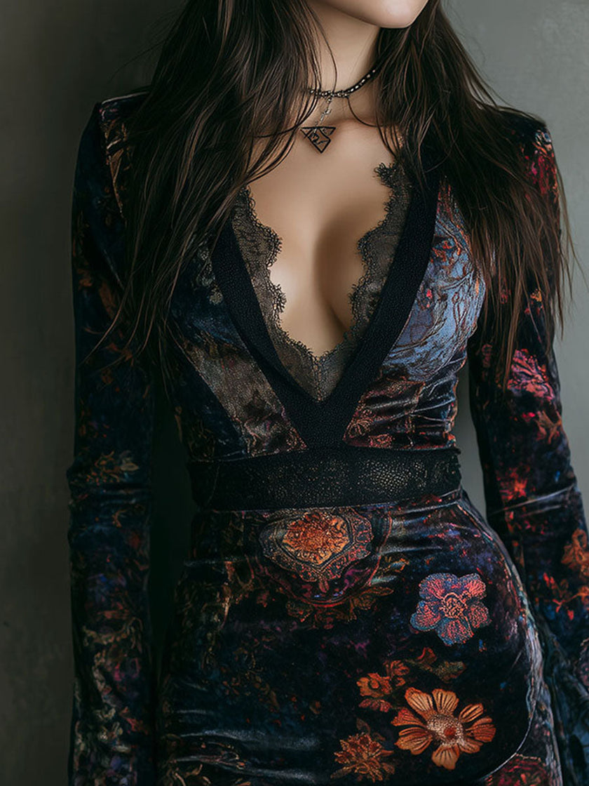FJØRNA boho floral print velvet V-neck bodycon mini dress for women, featuring a vibrant floral pattern and fitted silhouette.