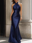 FJØRNA satin halter neck ruched maxi dress, sleeveless design with elegant draping, perfect for formal occasions and evening wear.