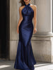 FJØRNA satin halter neck ruched maxi dress, sleeveless design with elegant draping, perfect for formal occasions and evening wear.