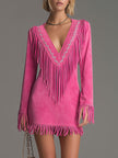 Red faux suede tassel mini Western dress by FJØRNA, featuring a casual style with Western-inspired details and tassel accents.
