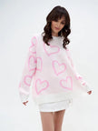 Heart Print Knit Sweater Women Crew Neck Relaxed Fit