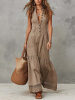 FJØRNA khaki cotton sleeveless maxi dress for women, flowing summer dress with a relaxed fit and side pockets, casual style.