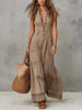 FJØRNA khaki cotton sleeveless maxi dress for women, flowing summer dress with a relaxed fit and side pockets, casual style.