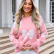 Bow Print Knit Sweater Women Crew Neck Relaxed Fit
