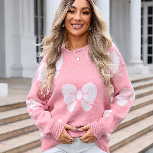 Bow Print Knit Sweater Women Crew Neck Relaxed Fit