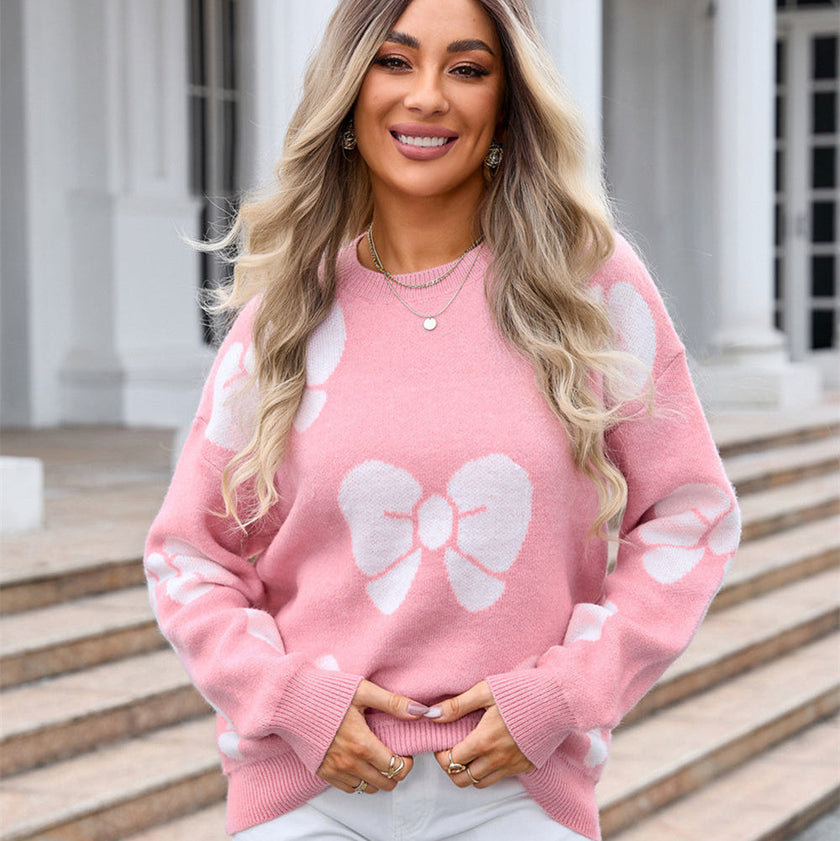 Bow Print Knit Sweater Women Crew Neck Relaxed Fit