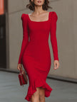 Red FJØRNA square-neck puff-sleeve bodycon midi dress for women, elegant red dress with fitted silhouette and stylish design.