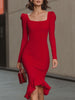 Red FJØRNA square-neck puff-sleeve bodycon midi dress for women, elegant red dress with fitted silhouette and stylish design.