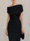 FJØRNA black asymmetric one-shoulder midi dress, elegant cocktail dress with a stylish asymmetrical neckline and fitted silhouette.