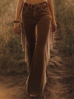 FJØRNA brown western fringe flared women's jeans with fringe details and a high waist, styled as casual denim pants.