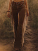 FJØRNA brown western fringe flared women's jeans with fringe details and a high waist, styled as casual denim pants.