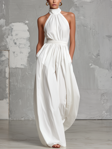 FJØRNA woven sleeveless halter-neck jumpsuit for women with wide-leg pants, elegant and stylish for summer wear.