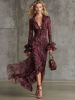 FJØRNA burgundy chiffon ruffle maxi dress for evening occasions, flowing fabric with layered ruffle details and elegant silhouette.