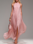 FJØRNA chiffon halter neck maxi dress with flowing fabric and elegant design, perfect for evening or formal occasions