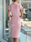 FJØRNA sky blue asymmetric belted cocktail dress with elegant design and flowing fabric, perfect for special occasions.