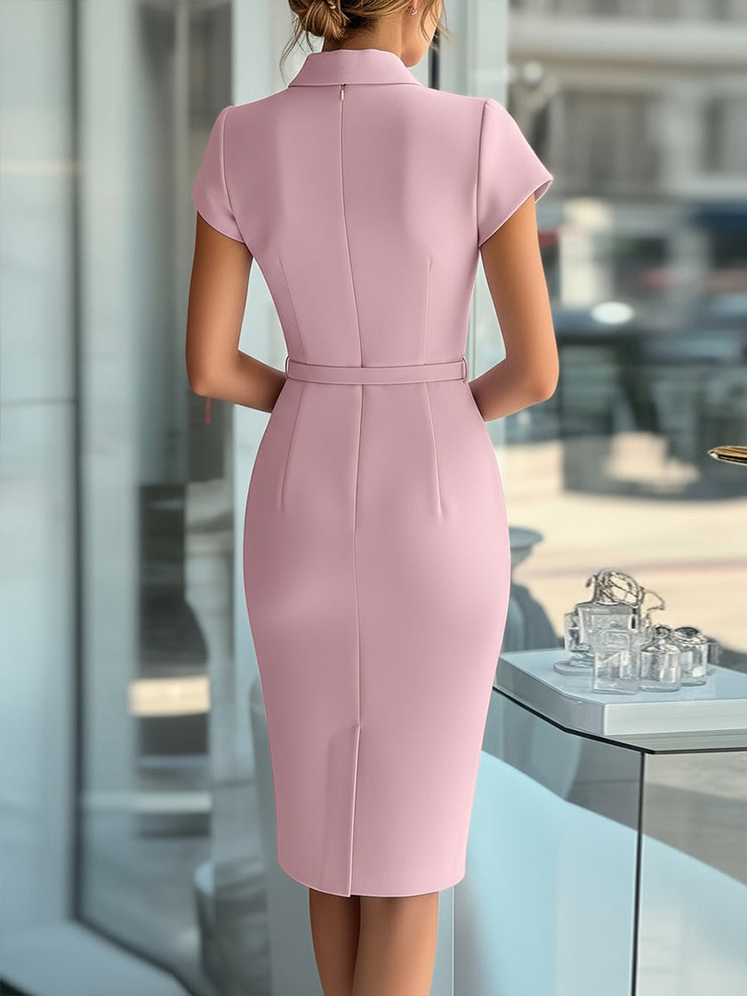 FJØRNA sky blue asymmetric belted cocktail dress with elegant design and flowing fabric, perfect for special occasions.