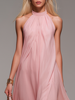 FJØRNA chiffon halter neck maxi evening dress with flowing fabric and elegant design, suitable for formal occasions.