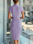 Sky blue FJØRNA asymmetric belted cocktail dress displayed on a hanger, showcasing its elegant design and flowing fabric.