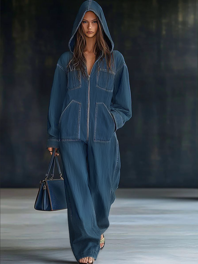 FJØRNA casual loose retro denim jumpsuit with long sleeves, hood, zipper, and pockets, designed for women.